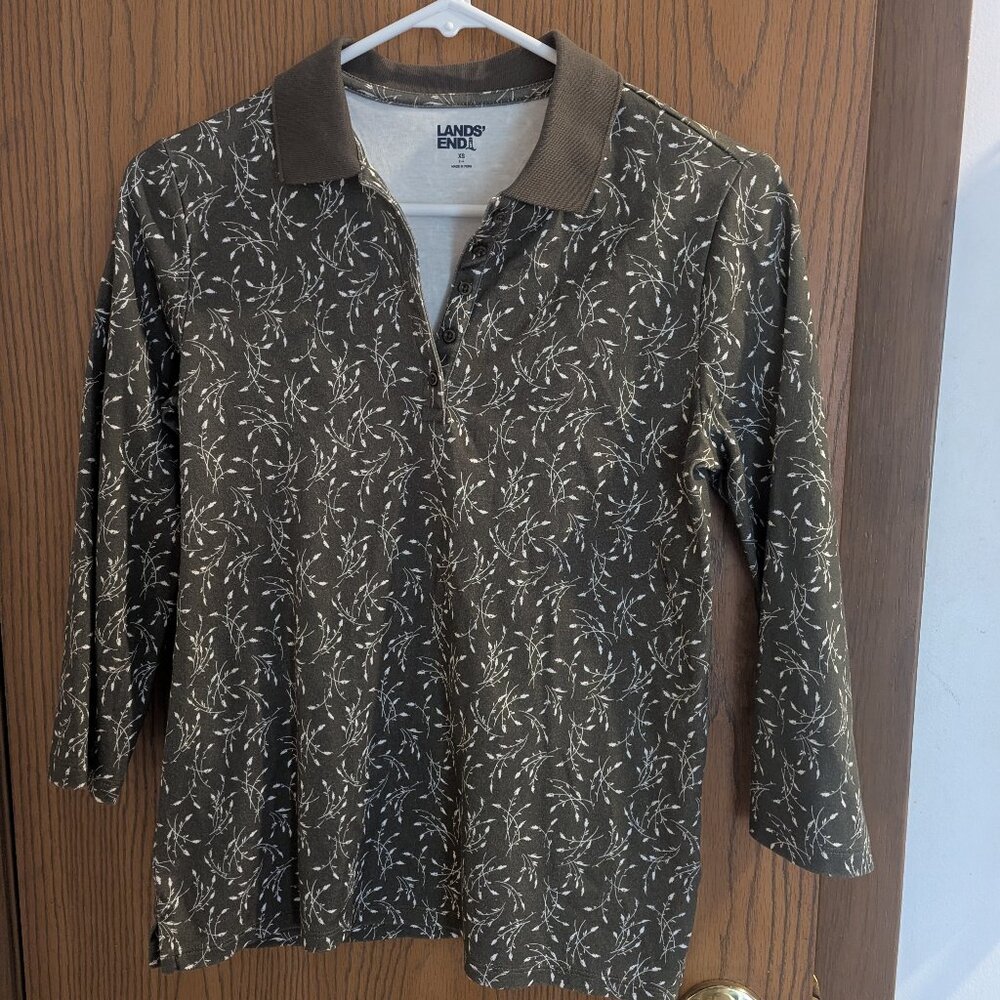 Lands' End Collar 3/4 Sleeve Floral Hunter Green Top-XS